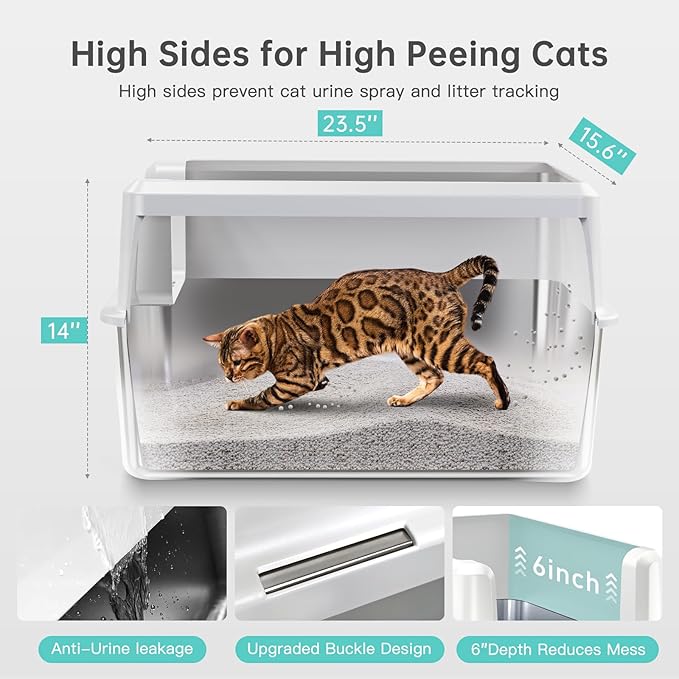 Stainless Steel Litter Box with Lid, 14” XL Stainless Steel Cat Litter Box Enclosure, Extra Large Metal Cat Box, Non-Sticky, Anti Leakage, Easy Cleaning Litter Pan, Include Scoop-Mewly Pet