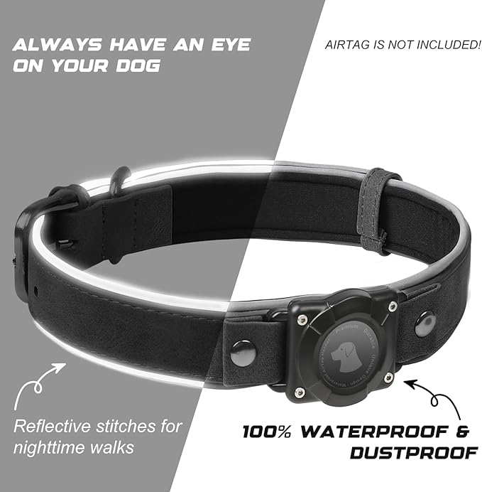 AirTag Dog Collar - Leather Dog Collar with Air Tag Holder | IPX8 Waterproof, Reflective, High - End, Adjustable Soft Padded | Dog GPS Tracker Collars Fit for Medium Large Dogs (Black, L)-Mewly Pet