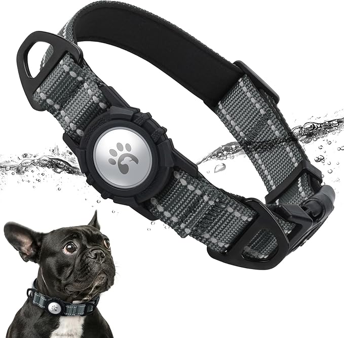 TagME Airtag Dog Collar,Waterproof Reflective Pet Collar with Airtag Holder,Soft Padded and Double D-Rings for Puppy,Grey-Mewly Pet