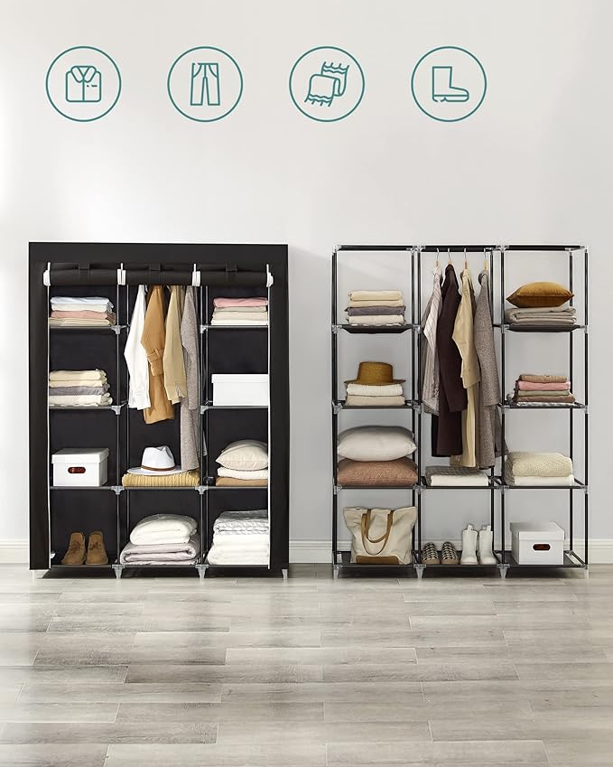 SONGMICS Portable Closet, Clothes Storage Organizer with 10 Shelves, 1 Clothes Hanging Rail, Non-Woven Fabric Closet, Metal Frame, 51 x 17.7 x 66.1 Inches, Black URYG93BK