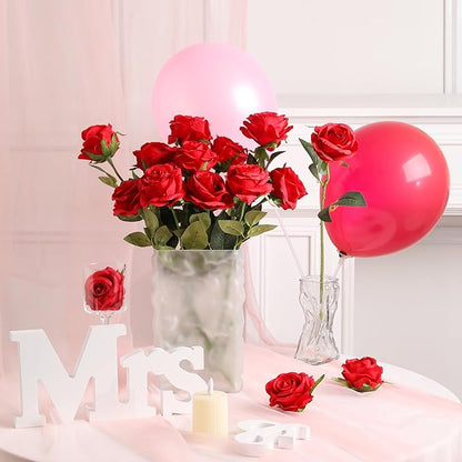 JUSTOYOU 30PCS Artificial Roses Silk Flowers in Bulk, Realistic Red Fake Roses for Wedding Decorations, Home Decor, Centerpieces, Indoor Floral Arrangements