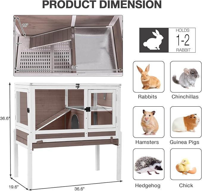 Guinea Pig Cage Indoor with Cool Zinc Plate Rabbit Hutch with Wheels and Removable Proof Tray Elevated Legs Hamster Cage with Chew-Resistant Metal Frame 36.6" L（Brown）-Mewly Pet