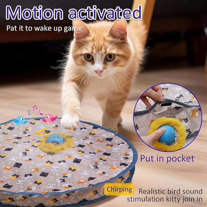 Interactive Cat Toys Ball Fast Rolling in Pouch, Motion Activate Chirping Cat Toy Hide and Seek Mouse Catching Game (Blue)-Mewly Pet