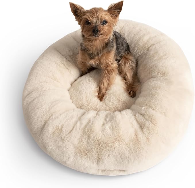 UnHide Floof Pet Bed - Small (23" x 8") - Extra Soft Dog Bed - Removable Faux Fur Cover - Machine Washable - Helps Ease Pet Anxiety & Provides The Perfect Sleep - Beige Bear-Mewly Pet