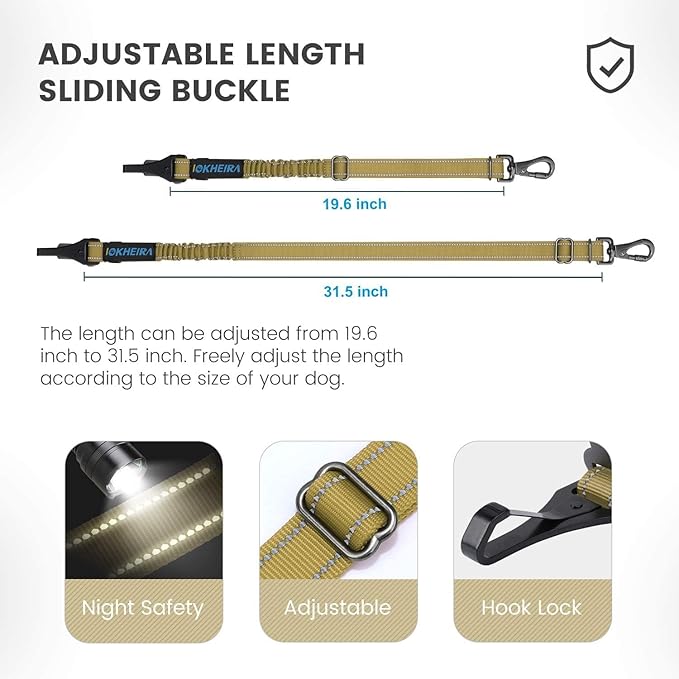 IOKHEIRA Dog Seat Belt 3-in-1 Car Harness for Dogs Adjustable Safety Seatbelt for Car Durable Nylon Reflective Bungee Fabric Tether with Clip Hook Latch & Buckle, Swivel Zinc Alloy Carabiner Green-Mewly Pet