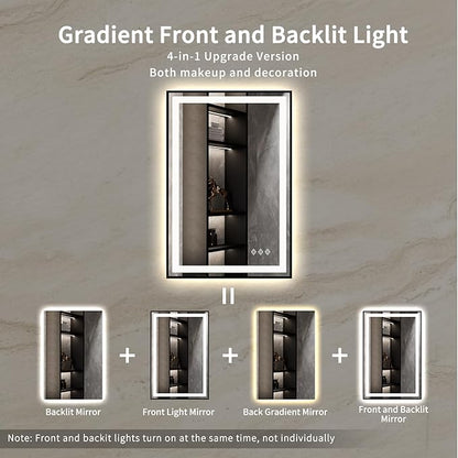 LED Mirror for Bathroom, 24x36 Inch Black Framed Gradient Front and Backlit LED Bathroom Mirror, 3 Colors Dimmable CRI>90, IP54 Enhanced Anti-Fog Bathroom Mirror with Lights