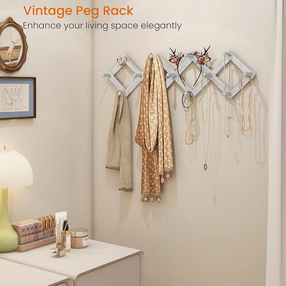 Homode Accordian Wall Hanger, Expandable Coat Rack Wall Mounted, Accordion Style Wood Hat Rack with 13 Peg Hooks for Hanging Coats, Hats, Mugs, Bags, Purses, Necklaces, Rustic White