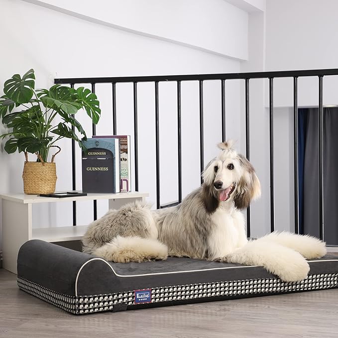 Laifug Orthopedic Memory Foam Extra Large Dog Bed with Pillow and Durable Water Proof Liner & Removable Washable Cover & Smart Design (Large (46"x28"x8"), Black and White Plaid)-Mewly Pet