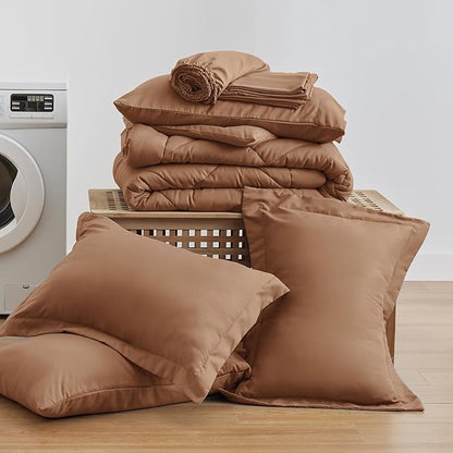 Love's cabin King Size Comforter Set Mocha Mousse, 7 Pieces King Bed in a Bag, All Season Bedding Sets with 1 Comforter, 1 Flat Sheet, 1 Fitted Sheet, 2 Pillowcase and 2 Pillow Sham