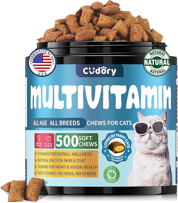 Cat Multivitamin, Crunchy & Creamy Cheese Chew– Supports Energy and Skin & Coat – with Taurine, B-Complex, Zinc Methionine & Selenium Yeast – Daily Health Supplement for Cats of All Ages (500 Chew)-Mewly Pet