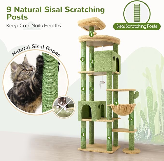 Globlazer Cactus Giant Cat Tree, 83 inch Cat Tree for Indoor Cats Large Adult, XXL Cat Tower with 9 Scratching Posts for 20lb+ Heavy Duty Large Adult Cats, F83, Green-Mewly Pet
