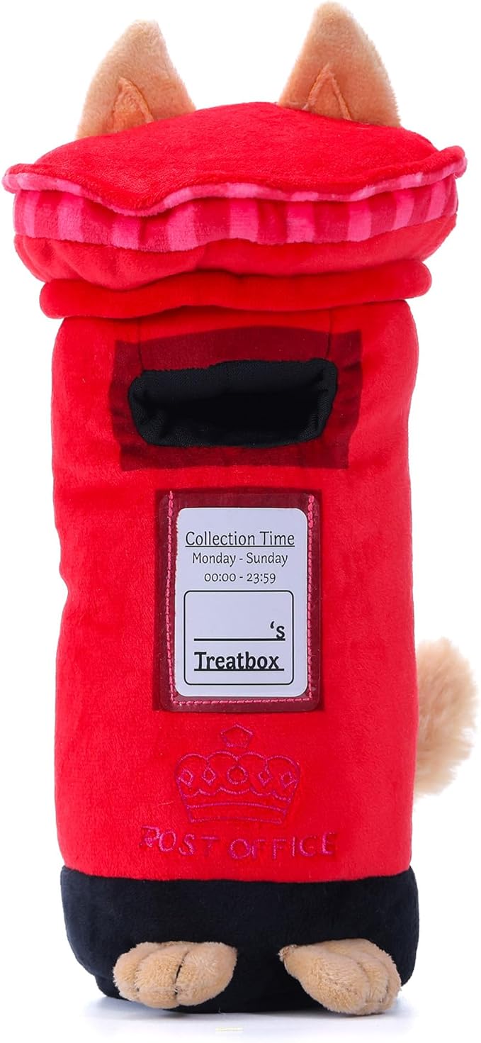 British Postbox Treat-Dispensing Soft Plush Squeaky Pet Toy - Iconic UK Enrichment Gift, Durable Cute & Fun Toy for Interactive Play, Hide Food for Nose-Work Puzzle, Small Medium Dogs-Mewly Pet