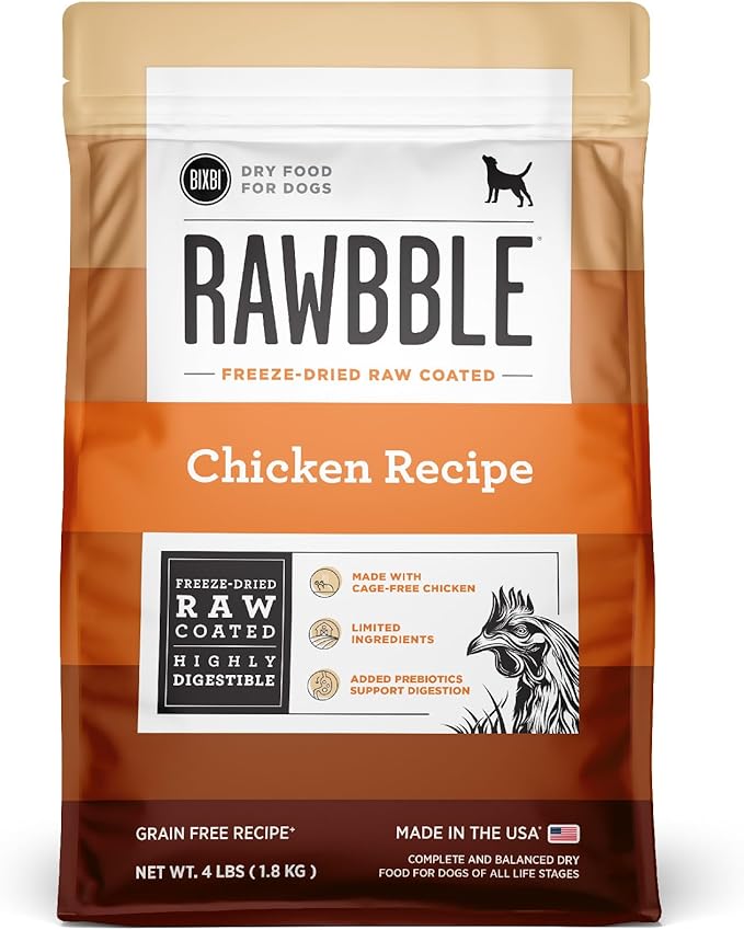 BIXBI Rawbble Dry Dog Food, Chicken, 4 lbs - USA Made with Fresh Meat - No Meat Meal & No Corn, Soy or Wheat - Freeze Dried Raw Coated Dog Food - Minimally Processed for Superior Digestibility-Mewly Pet