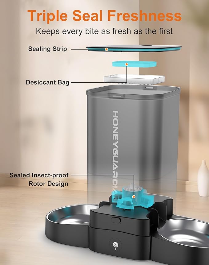HoneyGuaridan 5L Automatic Cat Feeder for Two Cats, 5G WiFi Smart Feed Pet Feeder with Stainless Steel Bowl,APP Control Dispenser, Dual Power Supply,Desiccant Bag,10s Meal Call Black-Mewly Pet