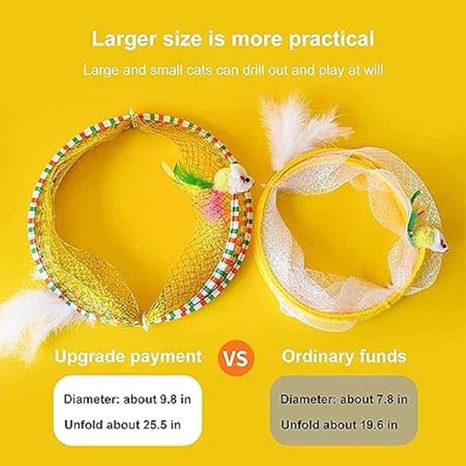 Folded Cat Tunnel Toy for Indoor Cats, 2 PCS Collapsible Pet Spring Cat Toys with Feather Mouse Upgrade Interactive Toy Playing Tent for Puppy Kitten Accessories Home-Mewly Pet