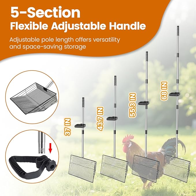 15 inch Extra Large Chicken Poop Scooper with Ergonomic Grip,5-in-1 Heavy Duty Adjustable Coop Scoop for Poop (24 to 68"), Stainless Steel Sifting Litter Shovel Scoop for Chicken Coop-Mewly Pet