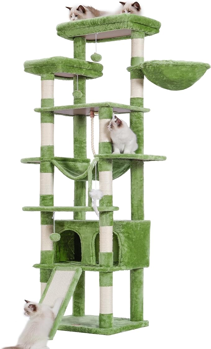 Heybly Tall Cat Tree,78 inch Multi-Level Cat Tower for Indoor Cats, 2 Widened Plush Perches Cat Condo with Scratching Board and Big Caves, Green HCT033GR-Mewly Pet