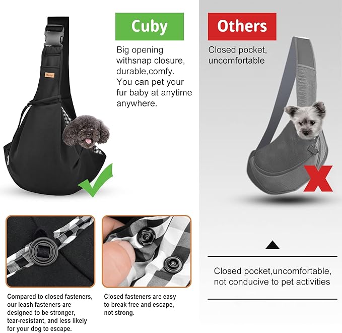 CUBY Dog and Cat Sling Carrier, Hand-Free Dog Carrier Slings with Adjustable Straps Pocker, Puppy Slings Carrier for Small Dogs Cats Outdoor Travel Bag(Black, M-Adjustable Strap)-Mewly Pet