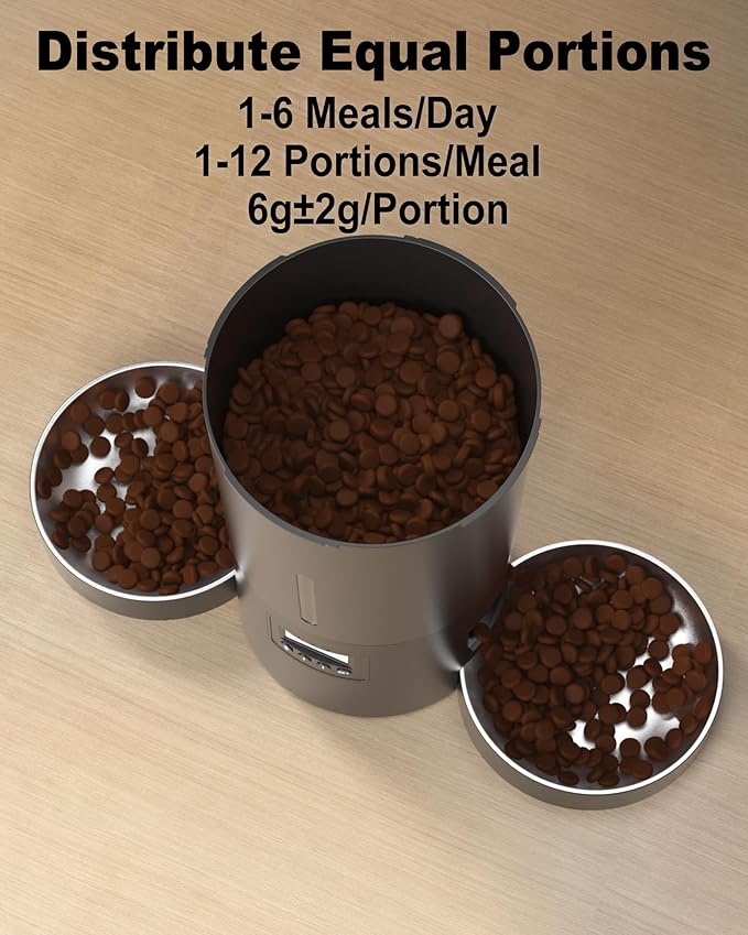Dual Automatic Cat Feeder 2 Cats,6 Meals/Day,12 Portions/Meal,4.2L Dual Power Double Bowls Feeder,Dry Food Auto Pet Dispenser,10S Voice Record,Flexible Schedule Timer (Black,Stainless Dual Bowls)-Mewly Pet