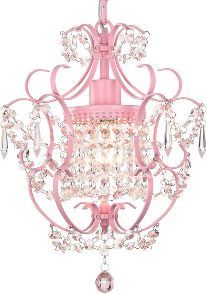 Pink Chandelier for Bedroom, 90% Pre-Assembled 1 Light Small Crystal Chandelier, Mini Acrylic Crystal Ceiling Light Fixture Charming for Girls Room, Closet, Bathroom, Entryway, Dining Room