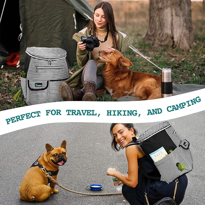 PetAmi Dog Travel Bag Backpack, Airline Approved Dog Bags for Traveling, Puppy Diaper Bag Supplies, Pet Camping Essentials Hiking Accessories Dog Gift, Food Container, Collapsible Bowls, Stripe Black-Mewly Pet
