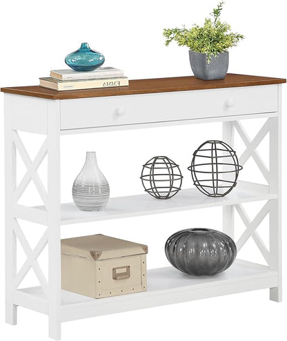Convenience Concepts Oxford 1-Drawer Console Table 39.5" - Farmhouse Sofa Display with Storage Shelf For Living, Family, & Dining Room, Modern Entryway Hall Table for Kitchen, Bedroom, Driftwood/White