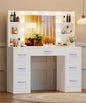 Irontar Makeup Vanity Desk with Mirror, 43.3" L Vanity Table with 10 LED Lights & 7 Metal Sliding Drawers, Brightness Adjustable & Open Shelves, for Women, Wife, White