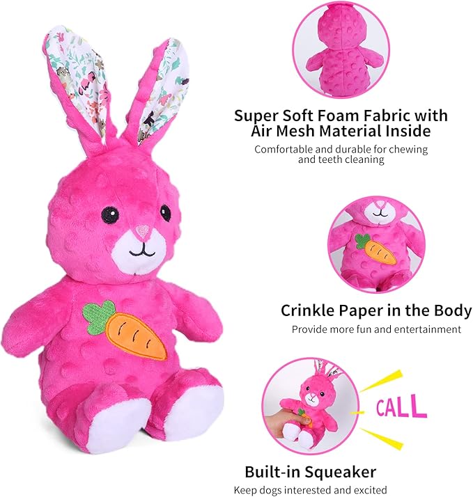 DODODOLA Dog Toys Stuffed Dog Toy with Crinkle Paper Cute Rabbit Plush Bunny Squeaky Dog Easter Toys Dog Chew Toys for Medium Large Breed-Mewly Pet