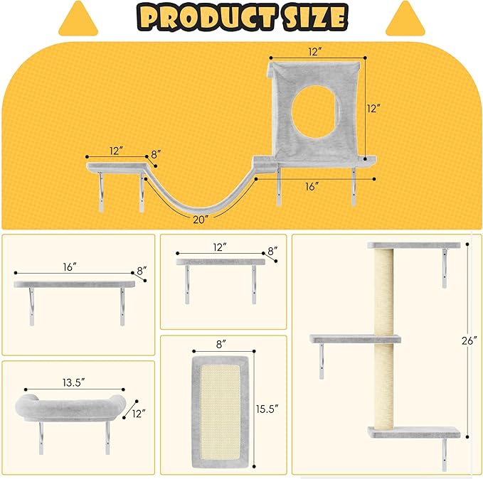NUNU LAB Wall Mounted Cat Furniture, 6 Pcs Cat Wall Shelves with Condo House, Bridge, Steps, Scratcher, Hammock, Indoor Safe & Stable Furniture for Kittens Play, Gray-Mewly Pet