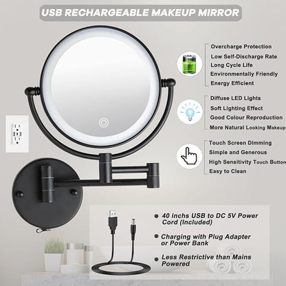 Wall Mounted Makeup Mirror with Lights and 10X Magnification, 8" Rechargeable Double Sided Touch Dimmable Foldable Extended Arm 360 Rotation for Bathroom, Matt Black