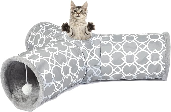 LUCKITTY Geometric 3 Way Cat Tunnel with Plush Inside,Cats Toys Collapsible Tunnel Tube with Balls, for Rabbits, Kittens, Ferrets,Puppy and Dogs-Mewly Pet