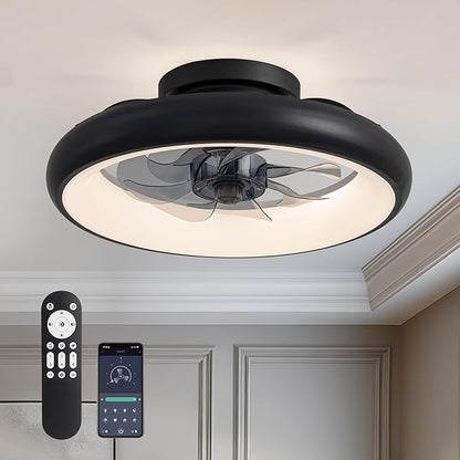 Ceiling Fan with Lights, 15" Flush Mount, Black Low Profile with 6 Wind Speeds, Smart Dimmable LED for Bedroom, Living Room