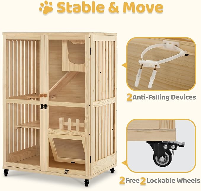 MCombo Wooden Cat Houses for Indoor Cats, Luxury Kitten House with Scratching Pad, Lockable Doors, Wheels, CT090-Mewly Pet