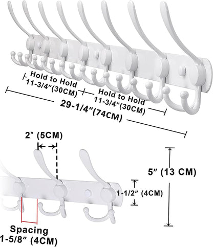 Dseap Coat Rack Wall Mount - 29.5” Long 8-Tri-Hooks Heavy Duty Coat Hanger Rail Wall Hooks for Hanging Coats Hats Clothing Clothes Purse Mudroom Entryway, White, Pack of 2