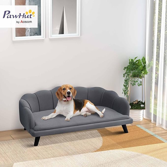 PawHut Velvet Large Dog Couch with Foam Cushion, Soft and Cute Dog Bed with Pearl Design, Dog Sofa for Big and Medium Dogs, Charcoal Gray-Mewly Pet