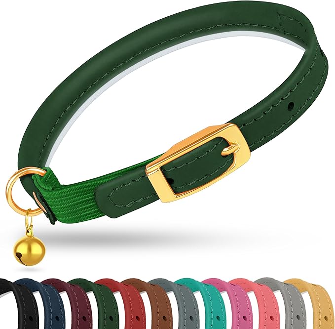 OOPSDOGGY Rolled Leather Cat Collar with Bell - Reflective Kitten Collar with Safety Elastic Strap - Adjustable Small Pet Collars for Boy Girl Cats (Green)-Mewly Pet