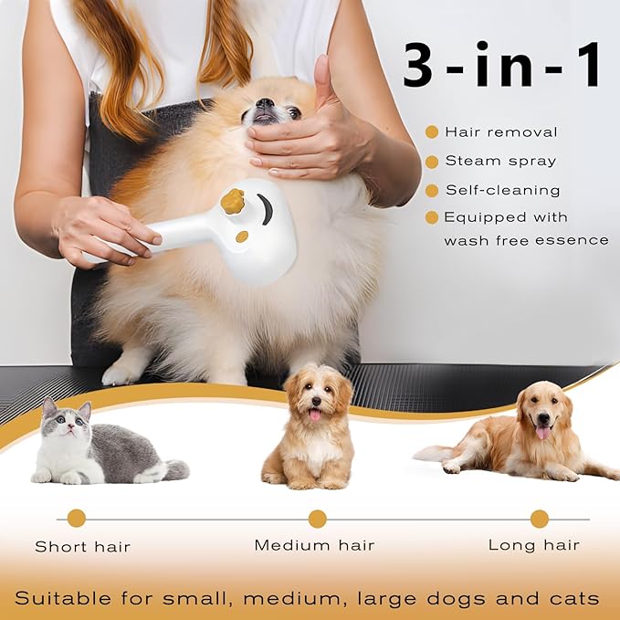 Pet Steam Brush for Dog & Cat – 3-in-1 Spray Hair Removal Comb – Steam for Shedding & Grooming – Water Brush for Long & Short Haired Pets – Spritz Defur Comb – Includes Waterless Shampoo-Mewly Pet