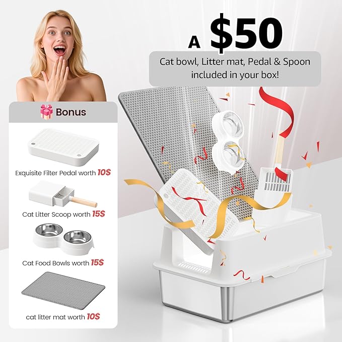 Stainless Steel Cat Litter Box - Enclosed XL Metal Kitty Litter Box with Lid for Big Cats, High Sided, Anti-Leakage, Easy Cleaning, Non-Sticky, Included Litter Mat, Cat Bowl & Spoon-Mewly Pet