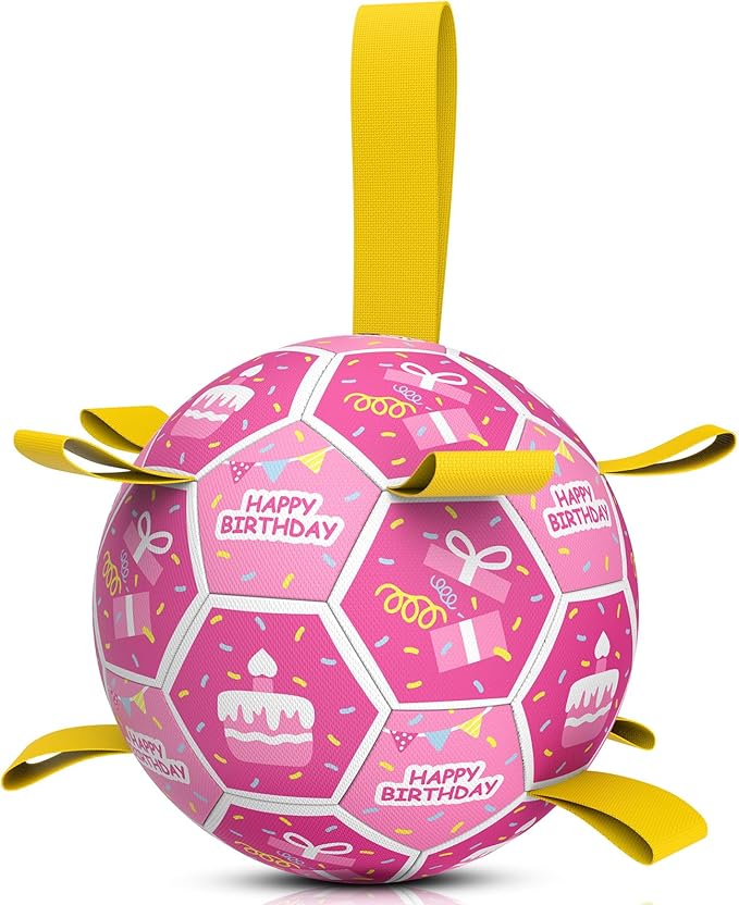 QDAN Dog Birthday Toys, Squeaky Dogs Toys, Dog Soccer Ball with Straps, Puppy Gifts, Herding Balls with Bell Inside, Water Toy, Durable Ropes Ball for Medium Large Dogs (8 inch)-Mewly Pet