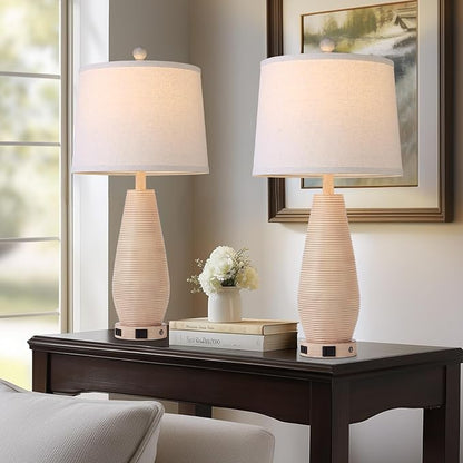 Farmhouse Table Lamps Set of 2 with USB C+A Ports and AC Outlet, 3 Way Touch Rustic Bedside Lamps for Living Room, 26.5" Cream Vintage Lamps for Bedroom Nightstand