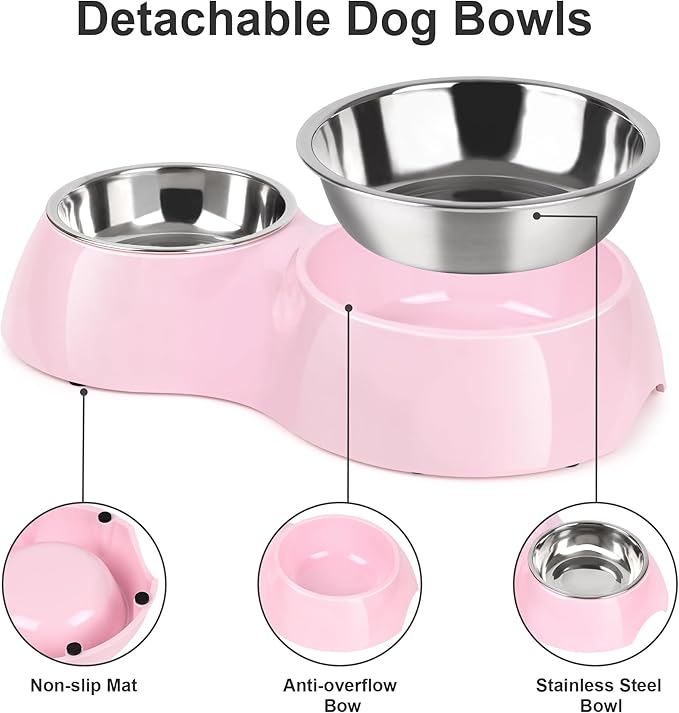 Double Dog Bowls Set – Non-Slip Pet Food & Water Dishes with Resin Stand, Includes Small (1 Cup) & Medium (2 Cups) Bowls – Ideal for Puppies, Cats, and Medium Dogs – Pink-Mewly Pet