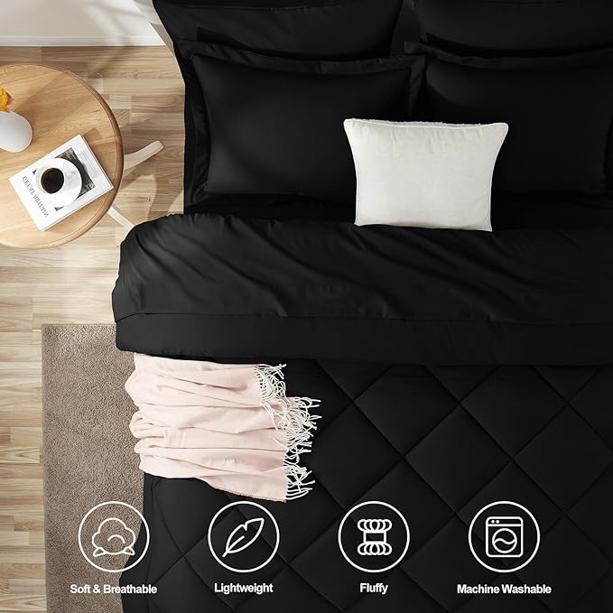 CozyLux Oversized Queen Comforter Set Black - 7 Pieces Bed in a Bag Comforter Set with Sheets, Luxury Soft Bed Set All Seasons, Bedding Set with Down Alternative Comforter, Sheets, Pillowcases & Shams