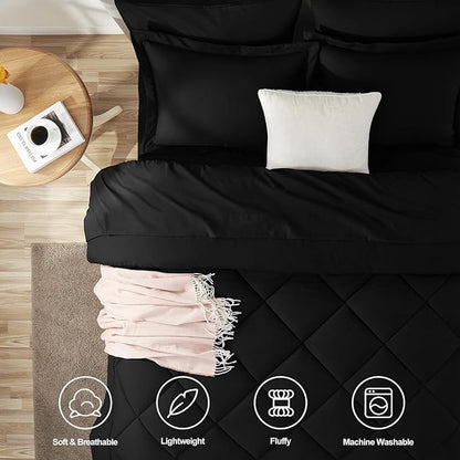 CozyLux Queen Comforter Set Black - Bed in a Bag Queen Size 7 Pieces, Luxury Soft Bed Set for All Seasons, Bedding Set with Down Alternative Comforter, Sheets, Pillowcases & Shams