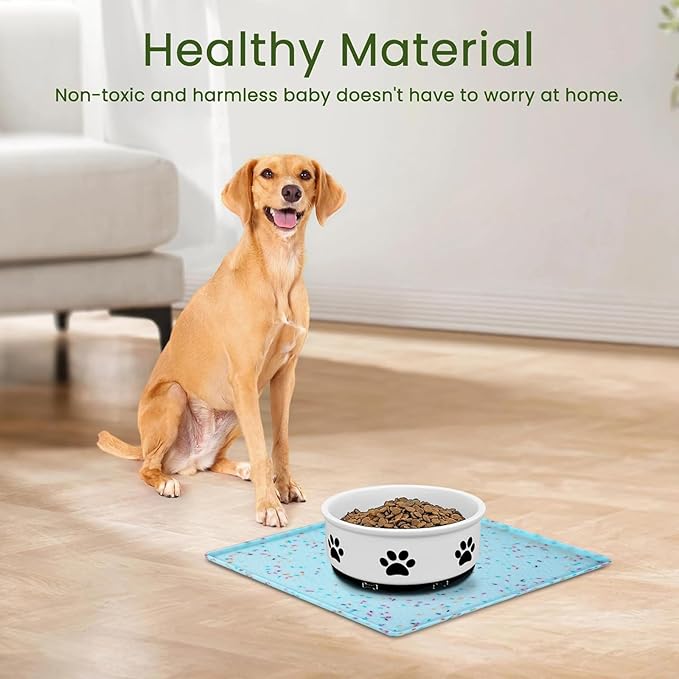 Ptlom Dog Food Mat Anti-Slip Dog Bowl Mats for Food and Water, Waterproof Pet Placemat Prevents Messy Spill to Floor, Silicone Puppy Feeding Tray for Small, Medium and Large Dogs Cats, Blue-Mewly Pet