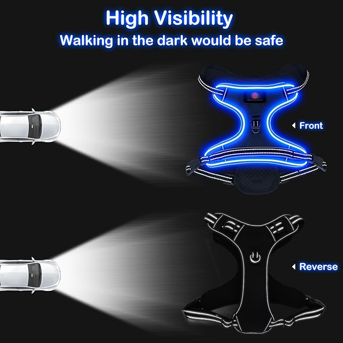 Light Up Dog Harness, No Pull LED Dog Harness with Handle, Rechargeable Lighted Safety Vest for Small Medium Large Dogs, Adjustable Soft Dog Lights for Night Walking-Mewly Pet