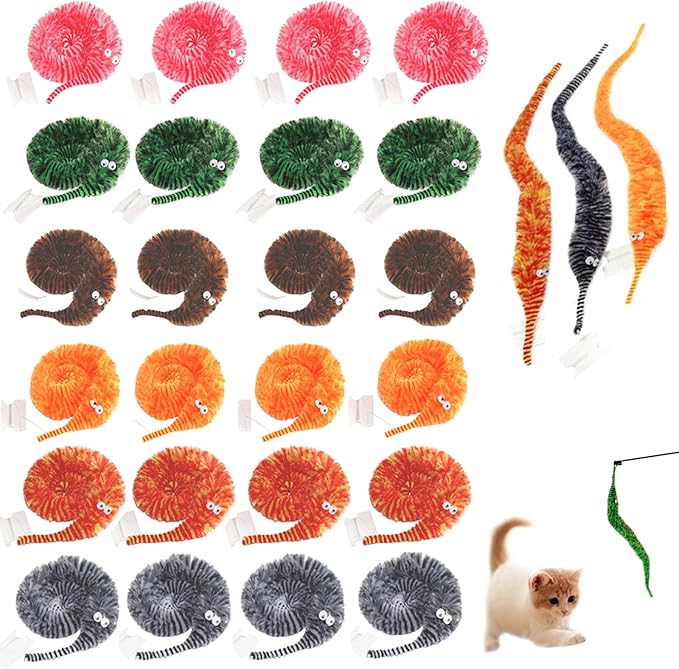 24 PCS Cat Worm Toy Zebra Print Feather Worm Teaser Refills Attachment Cute Cat Wand Replacement Interactive Wand Accessories for Fishing Pole Toy Teaser for Indoor Cats Kitten-Mewly Pet