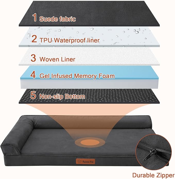 Chew Proof Dog Bed, 3" Memory Foam Dog Bed for Medium and Large Dogs, Removable and Washable Microsuede Cover, Waterproof Liner, Nonskid Bottom, 44x32, XXL Dark Grey-Mewly Pet