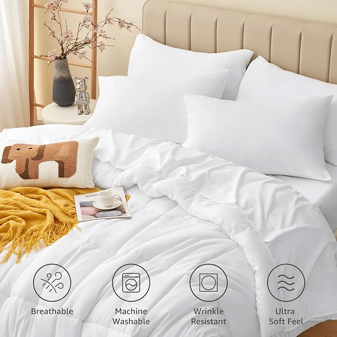 CozyLux Queen Comforter Set White, 7 Pieces Bed in a Bag, White Comforter Queen Size, All Season Bedding Sets with Stitch Quilted Comforter, Flat Sheet, Fitted Sheet, Pillowcases