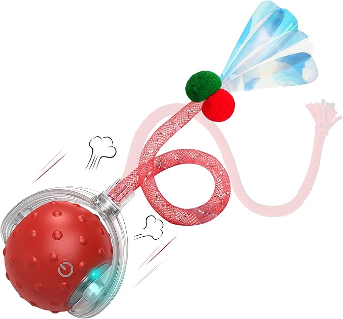 Interactive Cat Toy – Motion Activated Rolling Ball with LED Lights & 3 Play Modes & Two Different Tails - Best Toy for Indoor Cats & Kittens to Stay Active and Stimulate Hunting Instinct (Red)-Mewly Pet