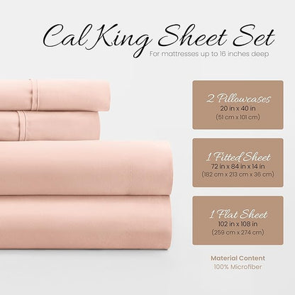 Linen Market Double-Brushed Microfiber California King Sheet Set 4 Piece – Oeko-TEX Certified Ultra Soft & Wrinkle-Free - 16" Deep Pocket Sheets Easy Care Cal-King Size - Blush